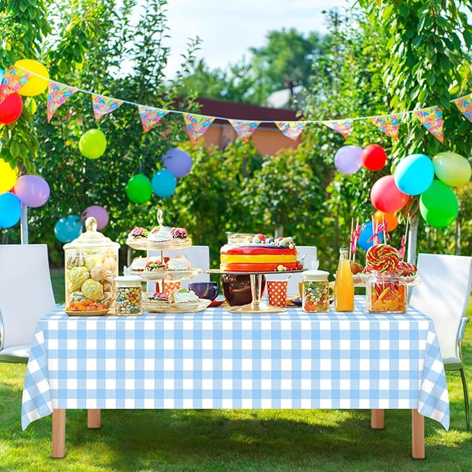 4 Pcs Light Blue Checkered Tablecloth 54 ×108 Inches Rectangle Blue Gingham Tablecloth Disposable Plastic Waterproof Table Cover for Outdoor Picnic, Kitchen, Holiday Birthday Party
