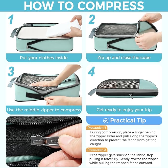 BAGAIL 4 Set/6 Set/8 Set Compression Packing Cubes Travel Accessories Expandable Packing Organizers(HalfMesh,8-DustyBlue)