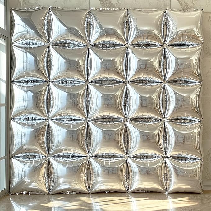 NISOCY 25PCS Metallic Silver Square Foil Balloons Wall Backdrop Chrome Silver Balloon Tunnel Garland Arch Kit for New Year Birthday anniversary Bachelorette Engagement Bridal Shower Party Decorations