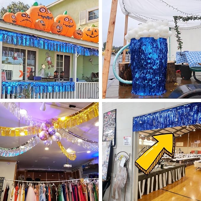 4 Pack Royal Blue Total 40 Feet Foil Fringe Garland Metallic Tinsel Banner Wall Hanging Drapes Parade Float Skirting Decorations for Trailer Mardi Gras Party Birthday Wedding Baby Shower