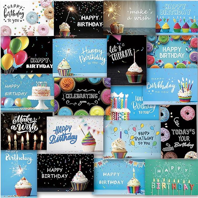 160 Happy Birthday Cards with Envelopes, Birthday Cards Bulk with Short Generic Message Inside, 20 Unique Designs, 4x6 inches, Birthday Cards Assortment for Business and Personal