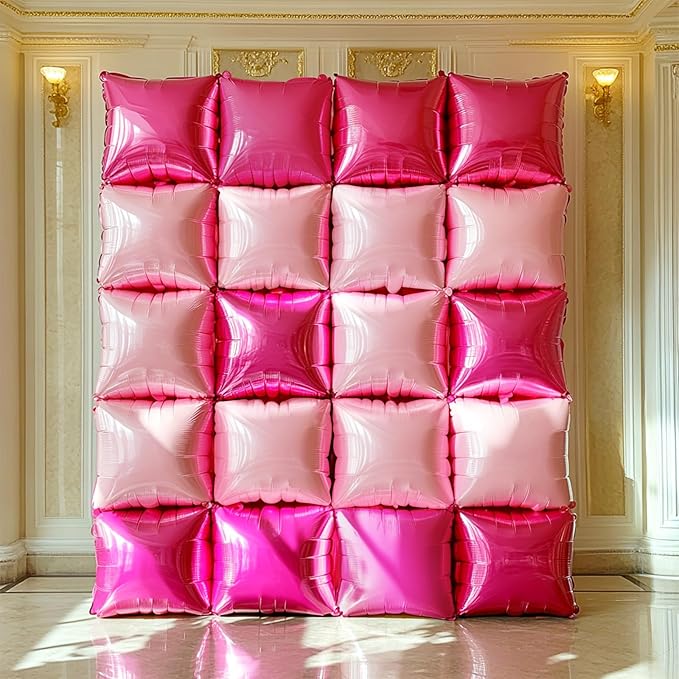 NISOCY 48PCS Hot Magenta Pink Square Foil Balloons Wall Backdrop Double Sided Metallic Pink Balloons Arch Kit for Anniversary Bachelorette Birthday Engagement Bridal Baby Shower Party Decorations