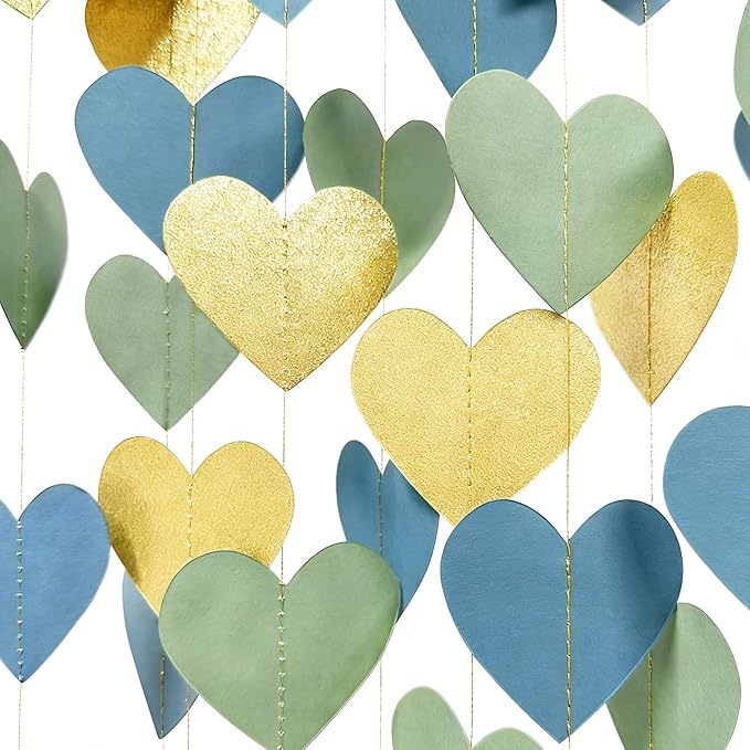 Sage Green Dusty Blue Gold Heart Party Decorations Gold Glitter Paper Dusty Green Blue Love Heart Hanging Garland Streamer Banner for Silly Goose Birthday Baby Shower Valentines Day Anniversary Party