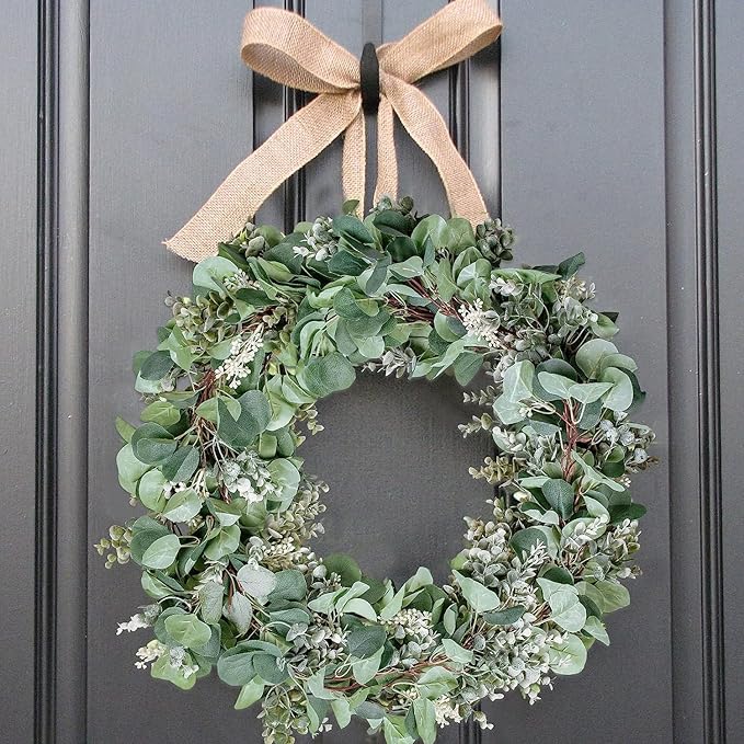 Ouddy Decor 2 Pack Eucalyptus Garland Total 13.1 Ft Lush Silver Dollar Leaves Boxwood with White Buds Artificial Faux Greenery Vines for Baby Shower Wedding Party Table Runner Room Home Mantle Decor