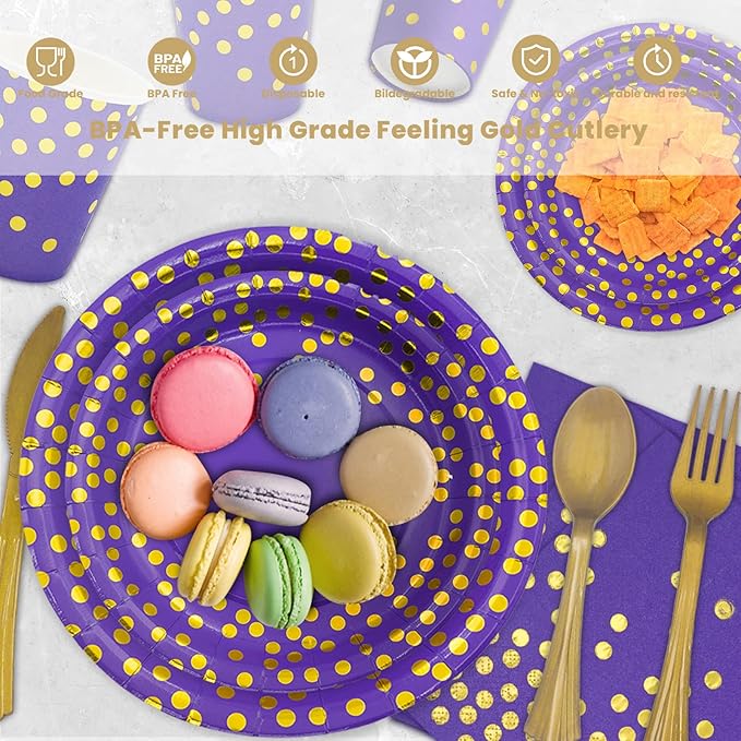 AIRE 350PCS Purple Gold Paper Plates Party Supplies for 50 Guests Party Decorations Disposable Dinnerware Paper Plates Cups Napkins Gold Plastic Forks Knives Spoons for Birthday Baby Shower Wedding