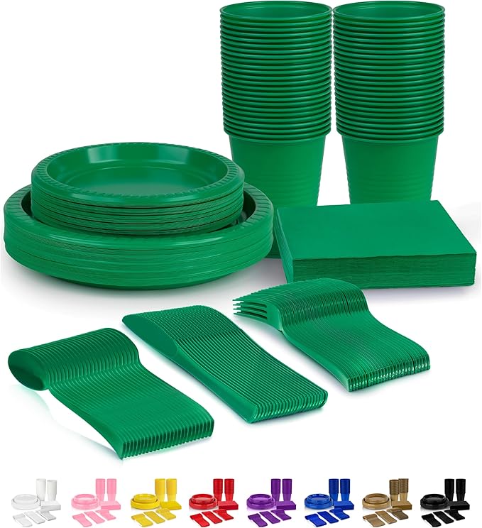 Grandipity 350 Piece Green Disposable Dinnerware Set, Includes 50 of Each: 9" Dinner Plates, 7" Dessert Plates, 12oz Cups, Paper Napkins, Forks, Knives & Spoons