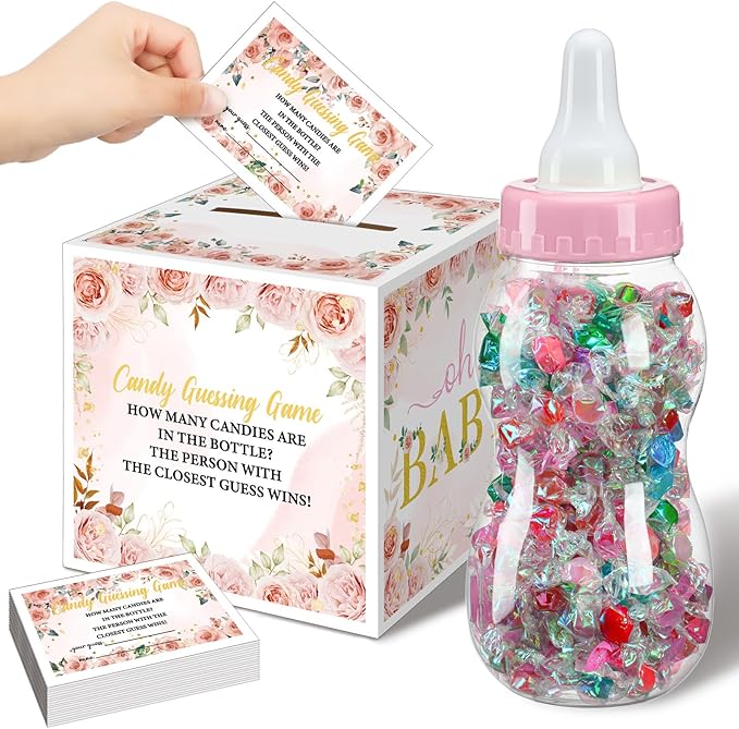 Glenmal 52 Pcs Baby Shower Games Gift Sets Large Baby Bottle for Shower Game Guess How Many Candies Decorations for Gender Reveal(Flower)