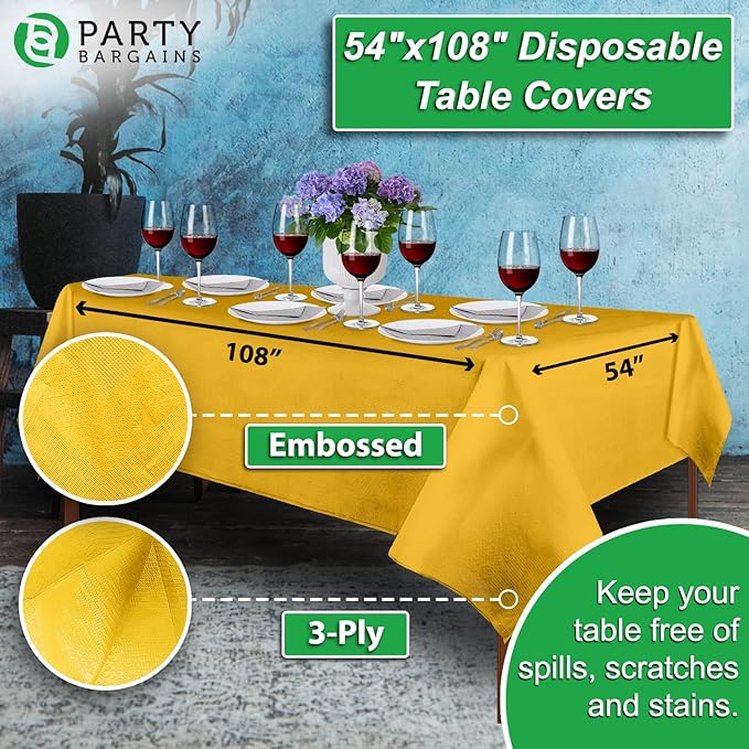 PARTY BARGAINS Disposable Table Covers, 54 x 108 Inch, Yellow, 3-Ply Paper & Plastic Spill-Resistant Party Tablecloths, 40 Pack