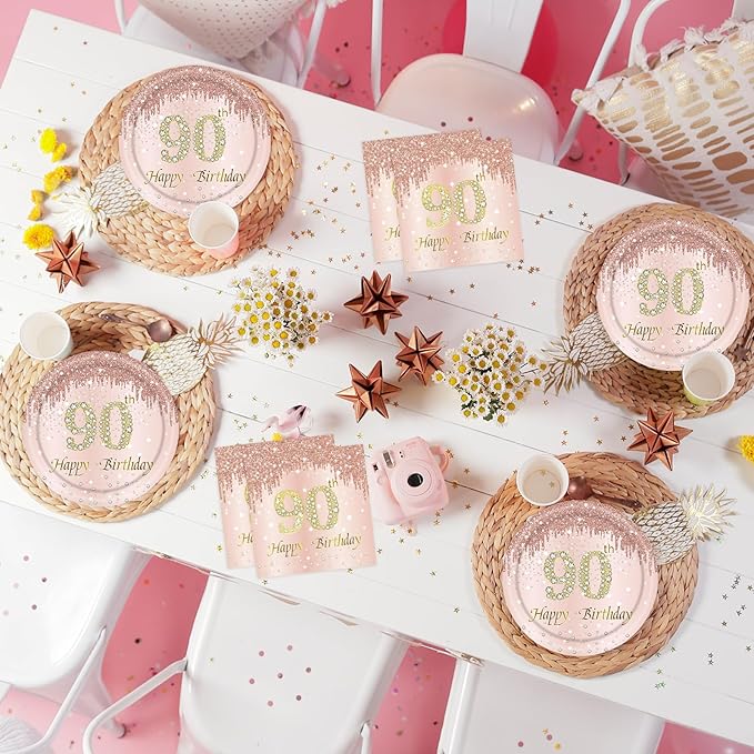 90th Rose Gold Birthday Plates and Napkins, 9 Inch Pink Rose Gold Disposable Dinner Dessert Plates Happy 90th Birthday Party Supplies Decorations for Girls Women