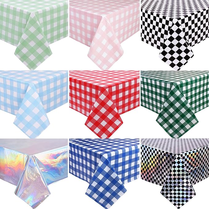 3 Packs Black Checkereed Iridescent Tablecloth 54 x 108 Inch Holographic Foil Table Cloth Shiny Disposable Laser Rectangle Plastic Table Cover for Picnic Camping