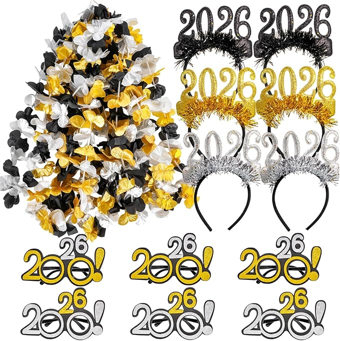 Atonofun New Years Eve Party Supplies 2026, 24 Pcs New Year Glasses Headband Tiara Leis 2026 New Year Party Eve Decorations for Kids Adults