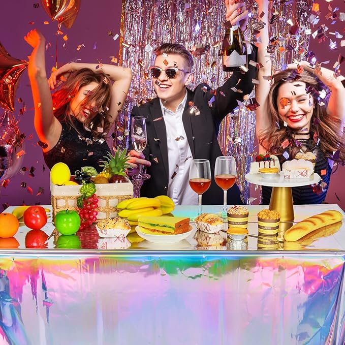 2 Pack Iridescence Plastic Tablecloths Shiny Disposable Laser Rectangle Table Covers Holographic Foil Tablecloth Iridescent Party Decoration Birthday Bridal Wedding Christmas 54" x 108"(Laser)
