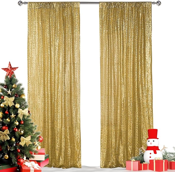 Hahuho Gold Sequin Backdrop Curtain, 2PCS 2FTx8FT Glitter Backdrop Curtain for Parties, Christmas, Wedding, Party Decoration（2 Panels, 2FT x 8FT, Gold