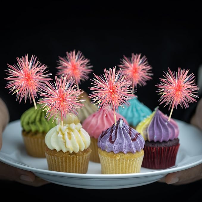 Gyufise 30Pcs Foil Firework Cupcake Toppers Sparkle Tinsel Cake Toppers Tinsel Drink Cake Decoration Cocktail Picks for Birthday Wedding Graduation Party Supplies Laser Orange