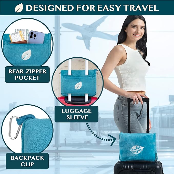 PAVILIA Travel Blanket and Pillow, Arms Opening Airplane Blankets for Adults, Compact Plane Blanket with Arm Hole 2-in-1 Bag for Flight Car Camping Fit in Luggage Backpack Traveler Gift, Teal Blue
