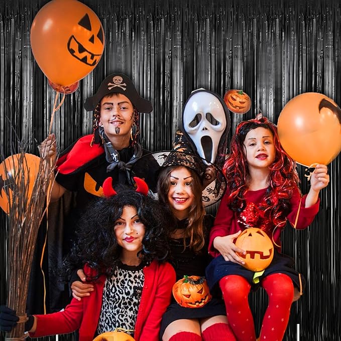 2 Pack 3.28 ft x 6.56 ft Black Tinsel Curtain Party Backdrop Decorations, Metallic Foil Fringe Backdrop Door for Halloween, Christmas, Birthday Graduation Wedding Party Streamers Photo Backdrop.