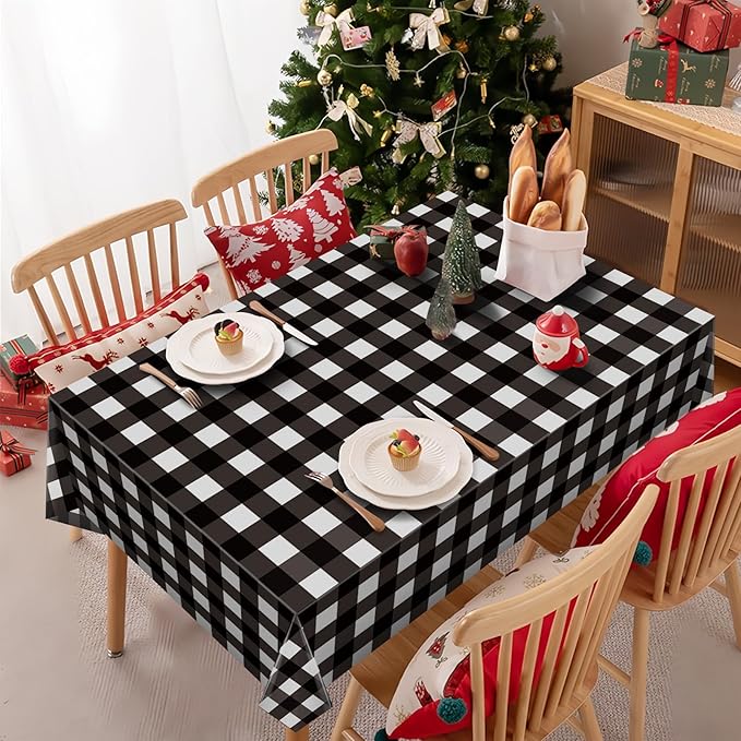 2 Pack Black and White Checkered Tablecloths 54"x108" Christmas Buffalo Plaid Tablecloths Disposable Plastic Waterproof Table Cloths for Christmas Picnic Camping Outdoor Birthday Decors