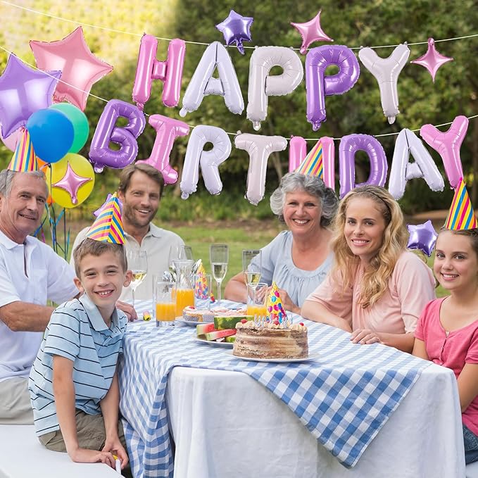 Birthday Banner, 3D Mylar Foil Happy Birthday Balloons, 26pcs Birthday Party Decorations with 8pcs Star Balloons for Kids Girls Women Adults Ecofriendly Party Supplies, Pantone