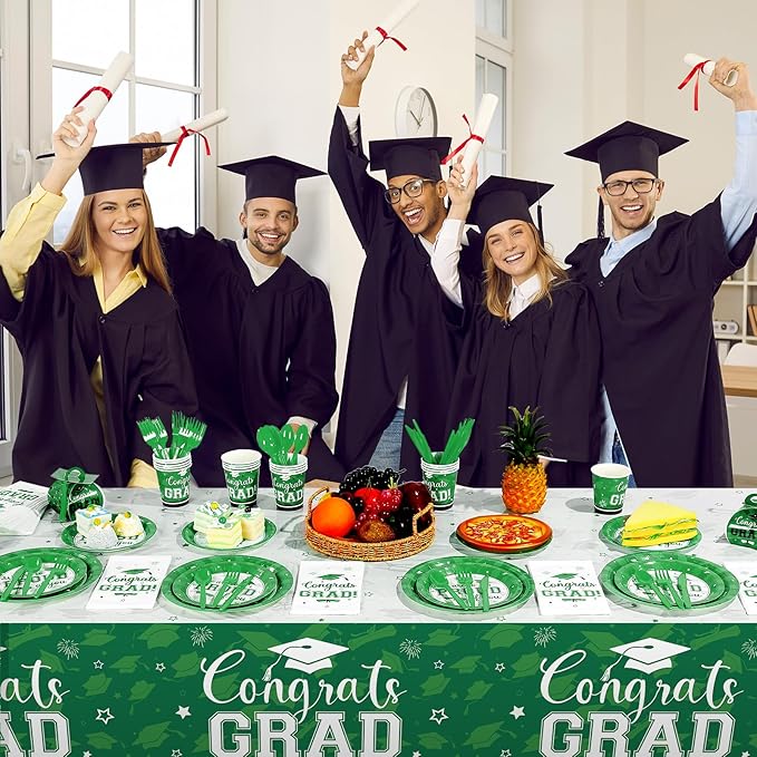 Graduation Party Supplies Congrats Grad Plates and Napkins Set Disposable Tableware Paper Plates Napkins Cups Knives Spoons Forks Straws for Class of 2026 Graduation Party Decorations Serve100 (Green)