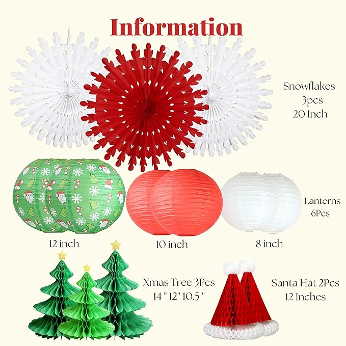 UNIQOOO 14PCS Assorted 3D Christmas Honeycomb Paper Lantern Decoration Garland Set,Celling Hanging Tissue Pine Tree Star, Santa Hat,Snowflake Fan,Japanese Lanterns for Holiday XMAS Party Banner Supply