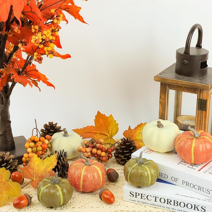 20 Pcs Realistic Fall Mini Pumpkin Decorations, Pumpkin Decor with Maple Leaves, Pine Cones, Acorns,Thanksgiving Decorations Indoor for Home Farmhouse Harvest Thanksgiving Table Decor