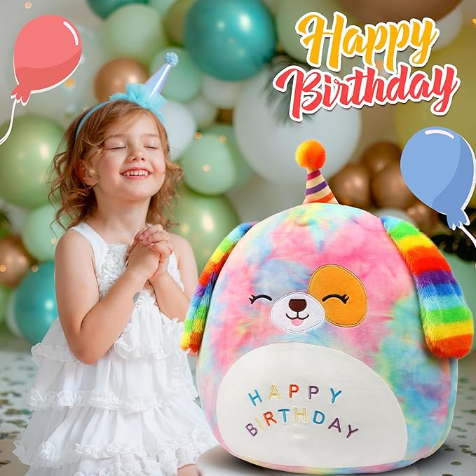 Easfan 20" Jumbo Rainbow Birthday Dog Giant Plush Pillow Soft Puppy Plush Toy Cute Dog Stuffed Animal Birthday Gifts for Kids Toddlers