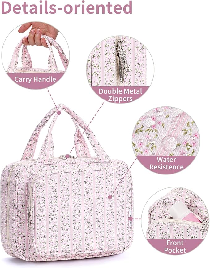 Narwey Hanging Toiletry Bag for Women Travel Makeup Bag Organizer Toiletries Bag for Travel Size Essentials Accessories Cosmetics (Pink Flower Buds (Medium))