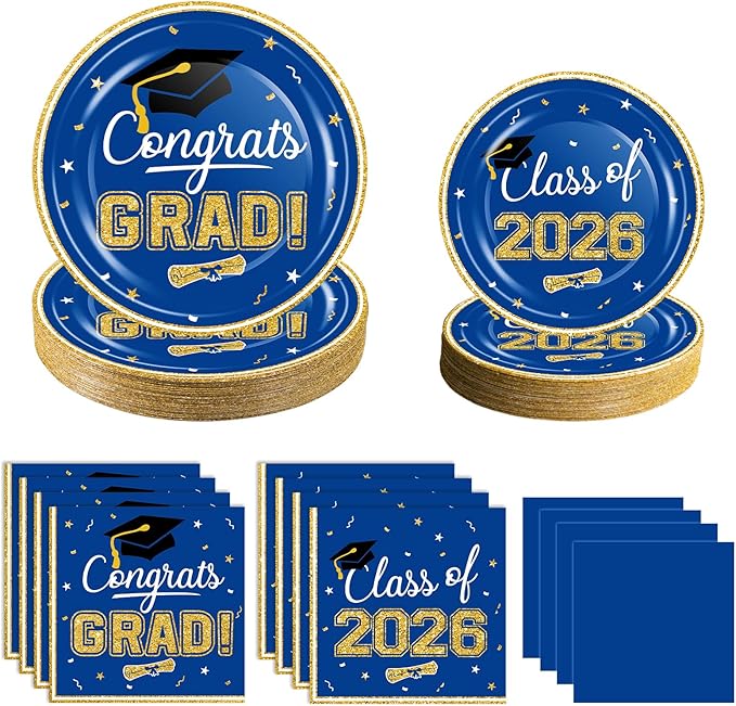 2026 Graduation Party Supplies Tableware Set - 100 Pcs Blue Gold Graduation Plates and Napkins Class of 2026 Disposable Dinnerware for College High School Congrats Grad Party favors, Serve 25