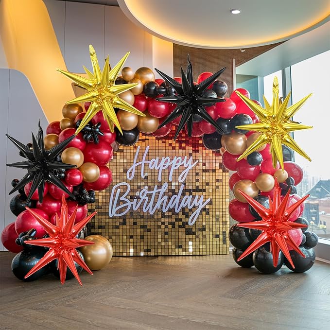 6PCS Star Balloons, 22Inch Red Black and Gold Star Balloon Foil Balloons Spike Cone Balloon for Birthday Anniversary Festival Film Casino New Year Party Decorations