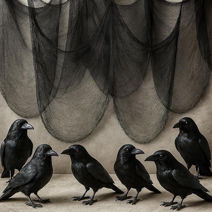 KatchOn, Halloween Creepy Cloth and Crows - Pack of 7 | 72x30 Inch, Black Spooky Cloth Realistic Black Feathered Crows | Scary Decor and Raven Decorations | Halloween Decorations Outdoor Indoor