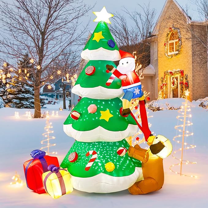 BOHON 7.9 FT Inflatable Christmas Tree Decorations Outdoor, Built-in Rotated Snowflake Light and LEDs, Blow Up Yard Christmas Tree with Santa Claus Dog Gift Boxes Inflatables for Indoor Xmas Decor