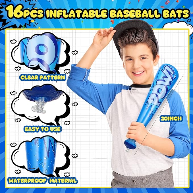 Seematn 32 Pcs Pow Inflatable Baseball Bats and Punch Balloons 18 Inch Inflatable Bat Toy Carnival Prizes Goodie Bag Stuffers for Boys Birthday Games Party Favors