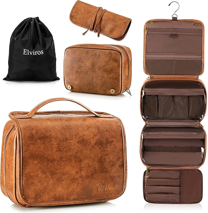 Elviros Hanging Toiletry Bag for Men Travel Essentials 3-in-1 Large Waterproof Dopp Kit PU Leather Shaving Bag with Separate Compartments for Grooming and Toiletries Mens Gift