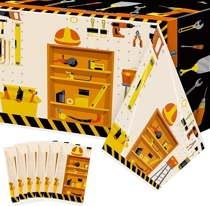 6 Packs Tool Theme Plastic Tablecloths Decoration Waterproof Rectangle Cute Tool TableCover Design with Hard Hat, Nuts, Bolts, Ladders, Spade Patterns for Kids Boys Birthday Party Supplies