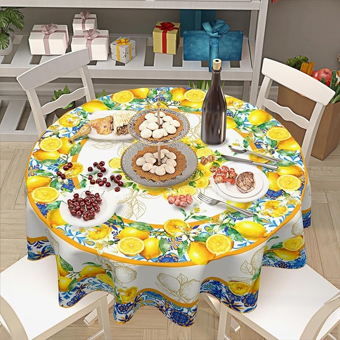 Lemon Round Tablecloth 60 Inch Yellow and Blue Circle Table Cloth Summer Holiday Table Cover Washable Polyester Decorations for Season Home Kitchen Dinning Party
