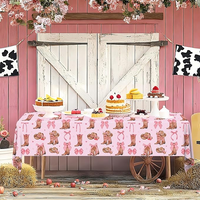 4Pcs Western Cowgirl Tablecloth Coquette Bow Cowgirl Birthday Party Tablecover 51x86 inch Cowboy Rodeo Table Cloth Western Theme Party Decoration Birthday Party Supplies