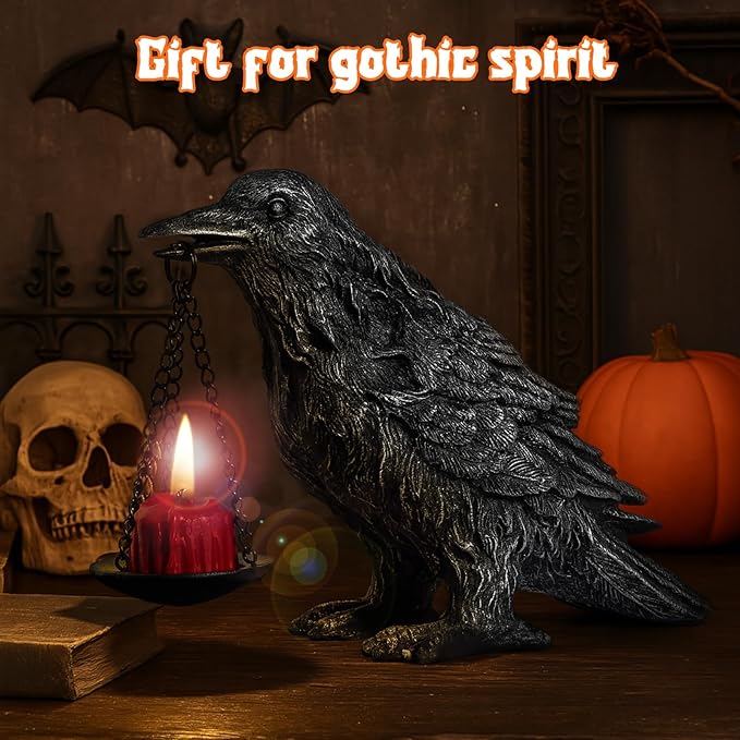 Gothic Home Decor Fake Crow Light Holder Raven Lamp Tealight Candle Holder Resin Statue Half Silver