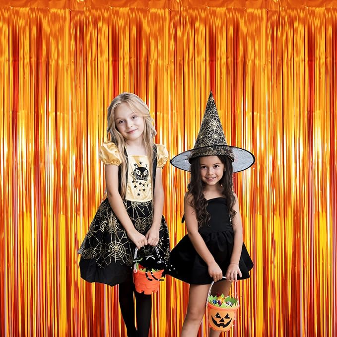 GOER 3.2 ft x 8.2 ft Metallic Tinsel Foil Fringe Curtains Party Photo Backdrop Party Streamers for Birthday,Graduation,New Year Eve Decorations Wedding Decor (Orange,1 Pack)