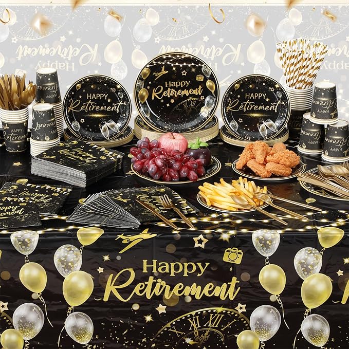 452 Pcs Black Gold Retirement Decorations Supplies for 50 Guests, Happy Retirement Paper Plates Napkins Cups Tablecloth Cutlery Straws Disposable Tableware Set for Men Women