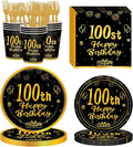 120Pcs 100th Birthday Party Supplies Plates Napkins Cups Forks Tableware Set Gold Black Happy 100th Birthday Themed Disposable Tableware Decoration Serves 24 Guests for Men Women 100 Years Old