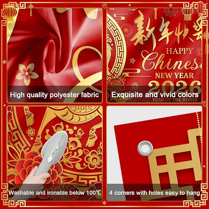 Mocsicka Chinese New Year Backdrop 2026 Lunar Horse Year Photography Background for Chinese Spring Festival Family Party Supplies (8x6ft)