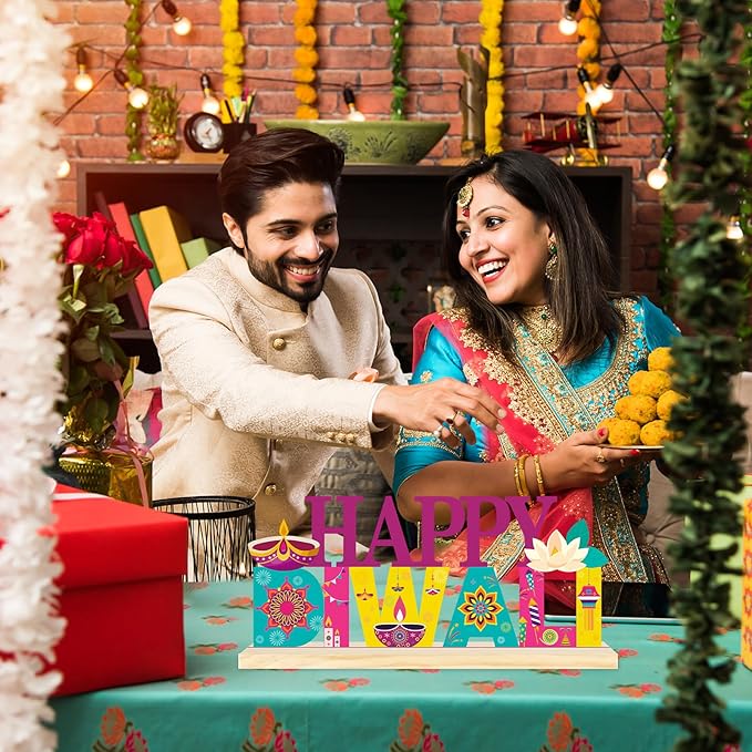 COCHIE Metal Happy Diwali Sign, Indian Festival of Light Table Centerpieces Decorations for Home, Office, Shelf, Mantel, Indoor, Traditional Party Supplies Decor (Diwali)