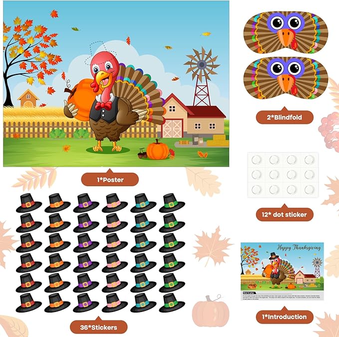 ASTARON Pin The Hat on Turkey Thanksgiving Pin The Tail Party Games Activities for Kids 36 Stickers Fall Festival Kids Birthday Family Party Games