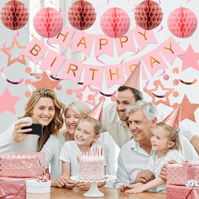 meowtastic Birthday Decorations, Happy Birthday Banner with Honeycomb Ball, Star Hanging Swirl Streamer, Circle Dot Garland, Happy Birthday Party Decoration for Women Men Boy Girls (Rose Gold & Pink)