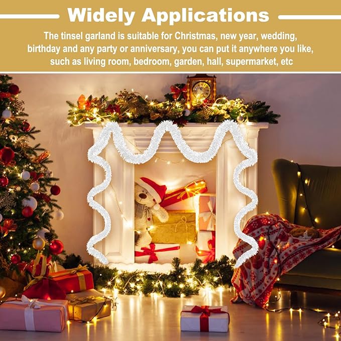 50 Feet Christmas Tinsel Garland, Metallic Twist Garland Wall Hanging Tinsel Garland Backdrop for Parade Floats, Carnival, Birthday, Wedding, New Year Party Decorations (Macaron White, 2in x 50ft)
