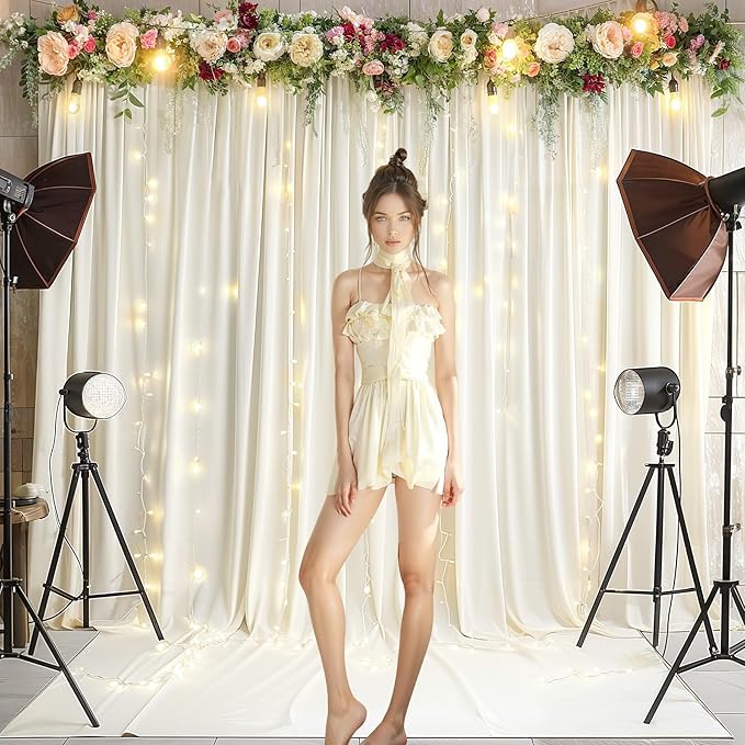 20x10FT Cream White Backdrop Curtains with Lights for Parties,Wrinkle Free Wedding Photo Backdrop Curtains for Baby Shower Birthday Ceremony Reception Home Party Decorations-5ft x 10ft,4 Panels