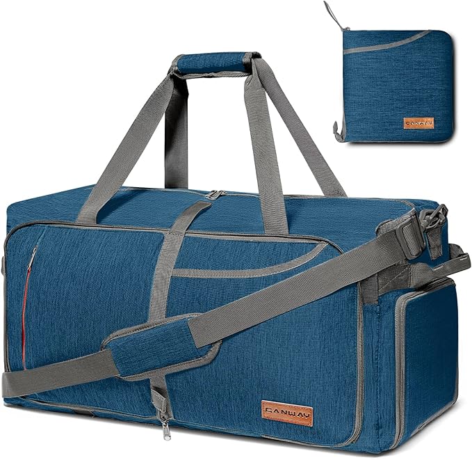 Canway 65L Travel Duffel Bag, Foldable Weekender Bag with Shoes Compartment for Men Women Water-proof & Tear Resistant (Aegean Blue, 65L)