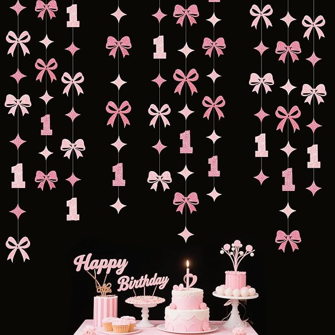Pink Bow One Birthday Decorations Pink Glitter Paper Star Bow 1st Hanging Garland Streamer Banner for Happy First Birthday Baby Girl Bday Decor or 1st Anniversary Party Decorations Supplies