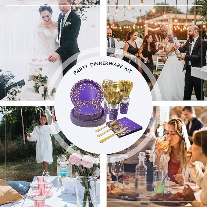 AIRE 350PCS Purple Gold Paper Plates Party Supplies for 50 Guests Party Decorations Disposable Dinnerware Paper Plates Cups Napkins Gold Plastic Forks Knives Spoons for Birthday Baby Shower Wedding