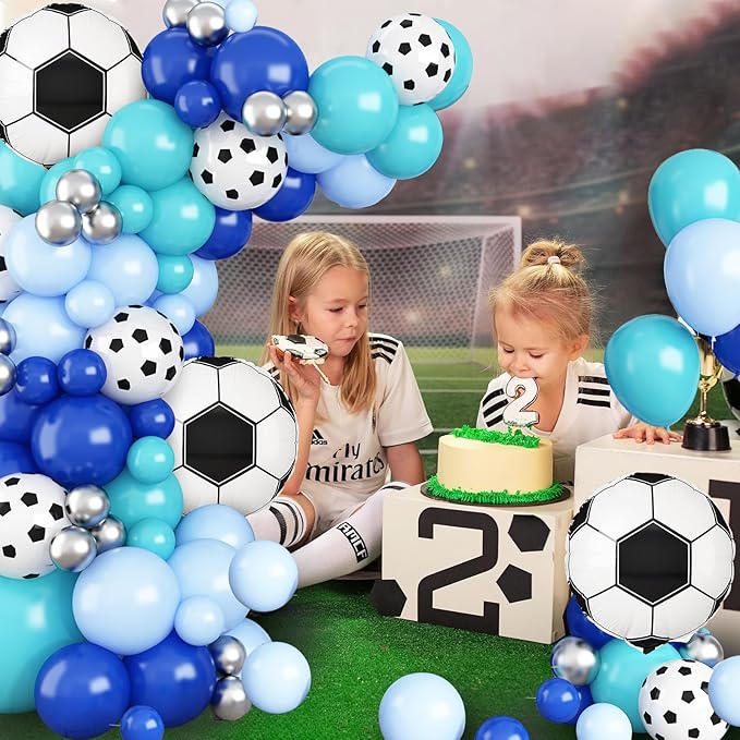 Soccer Balloon Arch Garland Kit, Royal Blue White Teal Blue Balloons Decorations with Soccer Foil Balloons for Men Women Teen Kids Soccer Football Theme Birthday Party Decor Supplies
